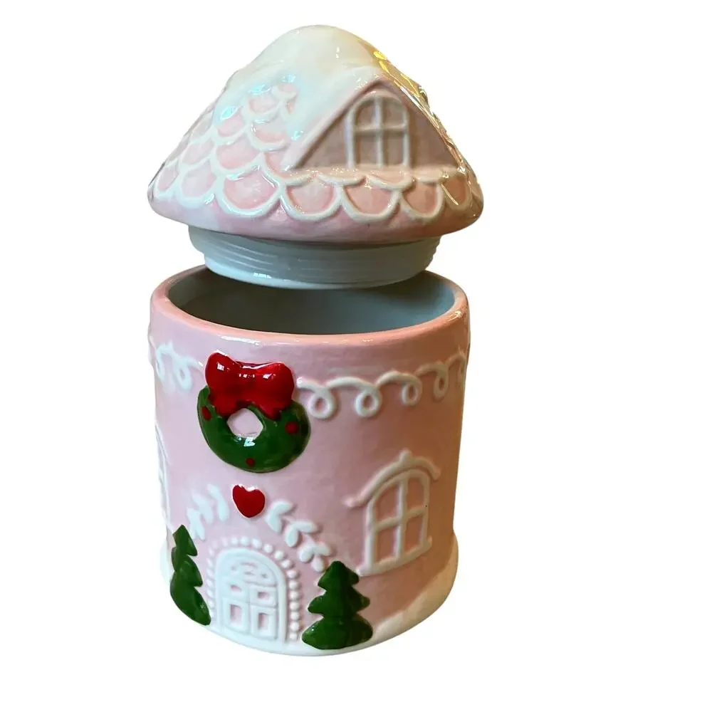 Pinkmas Gingerbread House Ceramic Canister Cookie Jar 7.5in Holiday NEW